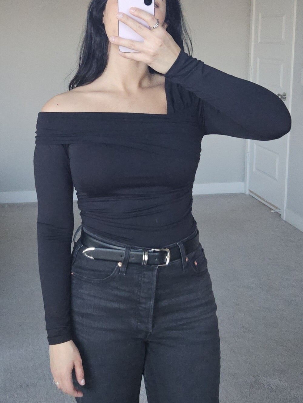 Black Off-Shoulder Long Sleeve Top